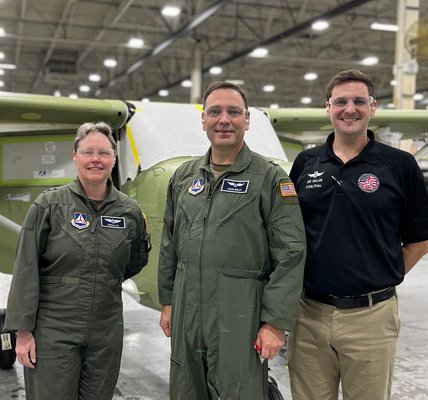 Maj. Gen. Regena Aye and Brig. Gen. R. Jason Bailey of the Civil Air Patrol tour Cessna piston assembly at Textron Aviation’s facility in Independence, Kansas